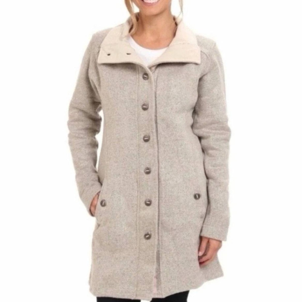 KUHL Savina Alfpaca Fleece Sweater Jacket Women S Tan Button Front Duster Long